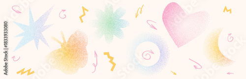 Colorful y2k star, heart, butterfly, flower shapes with grain noise gradient set. Trendy blue, green, pink stippling forms set. Butterfly, floral icons on beige background. Vector pastel illustration.