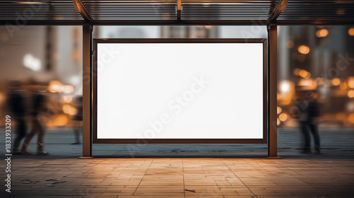 Blank plaza billboard with warm tones and soft lighting in a modern urban square