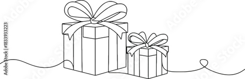 Continuous line drawing of two gift boxes with ribbon bow isolated on