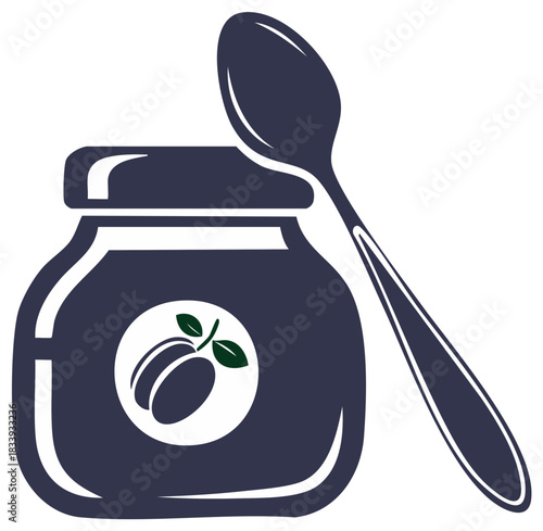Stylized dark plum jam or preserve jar with fruit label and spoon graphic illustration