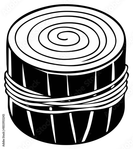 Stylized black and white log roll with spiral pattern bound by rope, graphic vector illustration