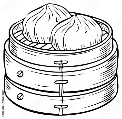 Traditional Bamboo Steamer Basket Filled with Dumplings