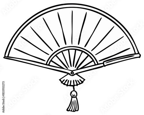 Black and white line art illustration of an open traditional folding hand fan with a tassel