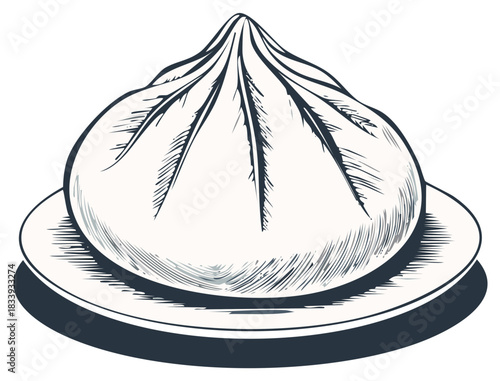 Illustrative Asian steamed bun bao dumpling on a plate in hand drawn sketch style