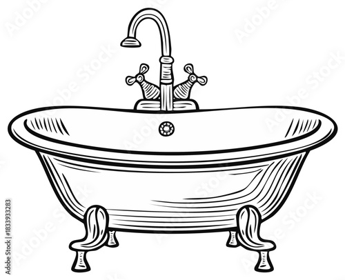 Vintage Clawfoot Bathtub with Faucet, Illustration, Bathroom Decor