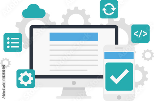 digital collaboration and process automation concept with computer and mobile devices featuring gears and coding icons on transparent background