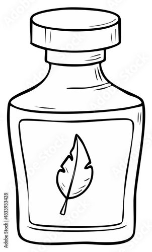 Outline Bottle with Leaf Design, Essential Oil, Perfume Container Vector, Black and White