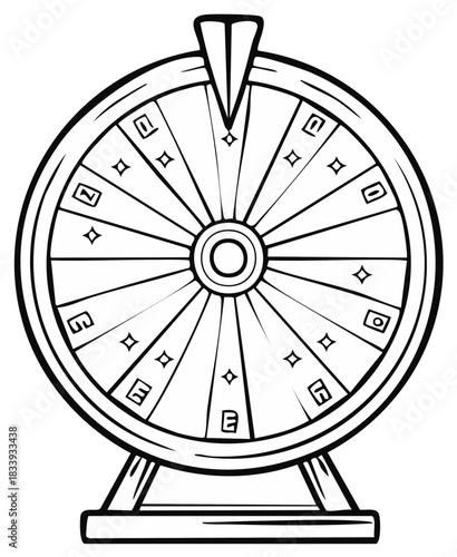 Drawing of a Spinning Prize Wheel with Pointer and Base for Fortune and Games
