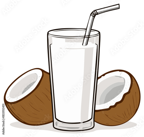 Refreshing coconut milk in a tall glass with a straw and halved coconuts