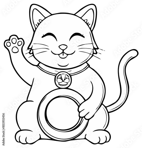 Delightful outline of a Lucky Cat cartoon figure with beckoning paw, holding a coin, and radiating good fortune