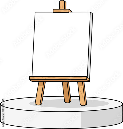 Minimalist art easel with blank canvas on a circular platform surrounded by a transparent background for creative display or presentation purposes