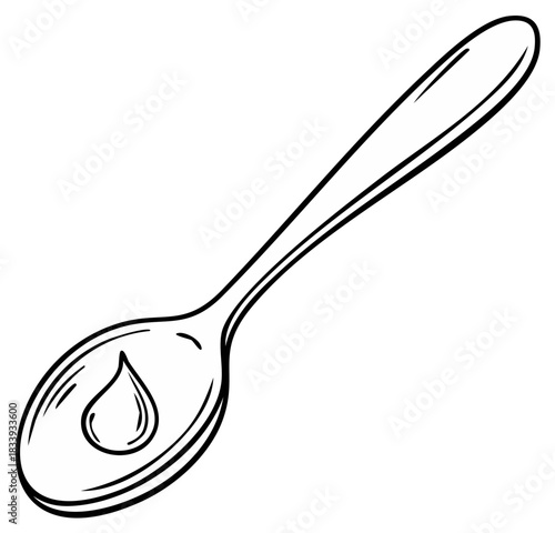 Hand drawn spoon holding a single drop of liquid medicine or syrup line art illustration
