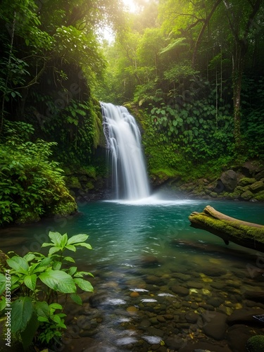 Natural Waterfall Oasis in Dense Tropical Jungle
