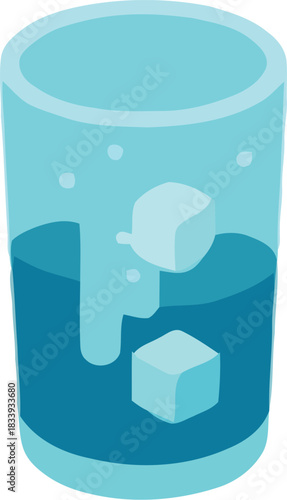 Isometric illustration of a glass of cold blue liquid with ice cube