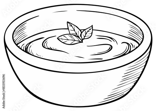 Hand drawn vector illustration of a bowl of cream soup or sauce with a fresh herb garnish