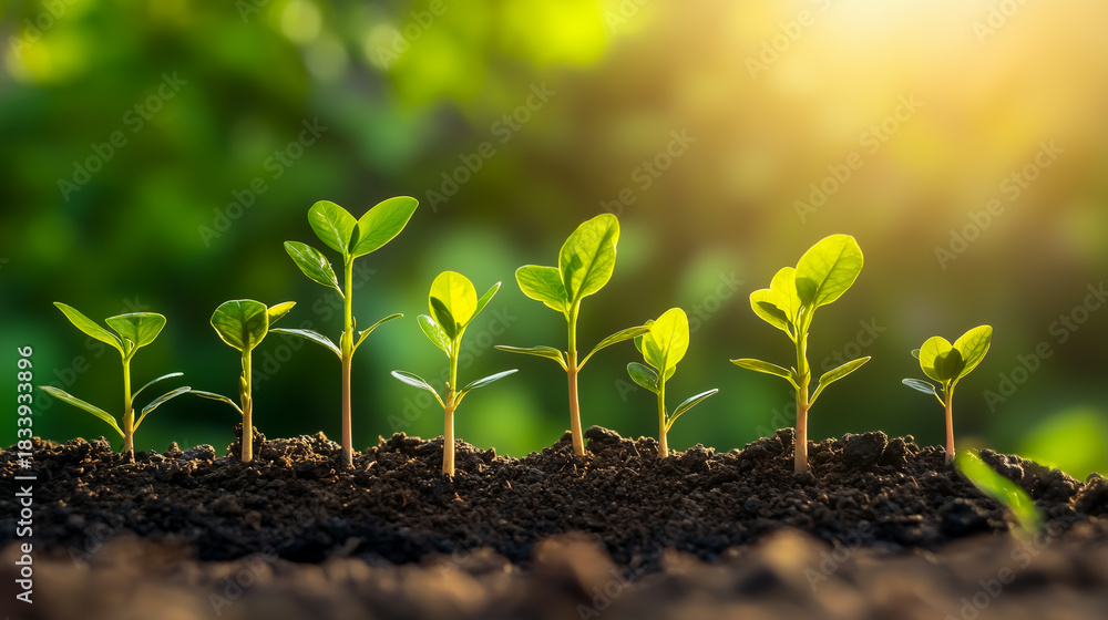 Fototapeta premium Young green seedlings growing in fertile soil under warm sunlight representing new beginnings and sustainable growth. Concept of environment, ecology, hope, and nature renewal.