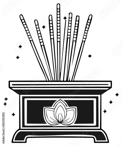 Black and white line art of burning incense sticks in a traditional censer with a lotus flower symbol