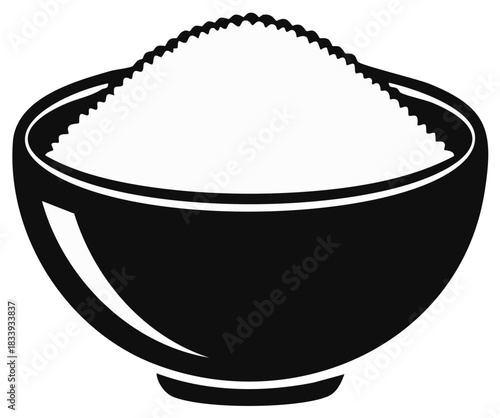 Black and white illustration of a bowl filled with granular white substance like sugar or salt