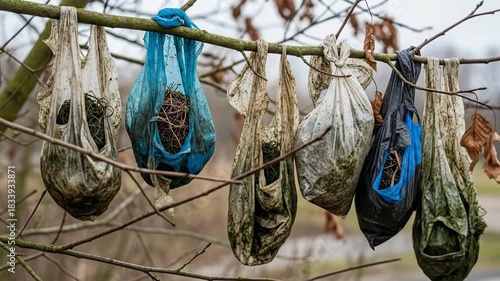 Plastic bags filled with dog waste hanging from a tree branch in a park, illustrating irresponsible pet ownership and environmental pollution.