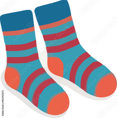 Pair of colorful striped socks with blue and orange accents isolated on