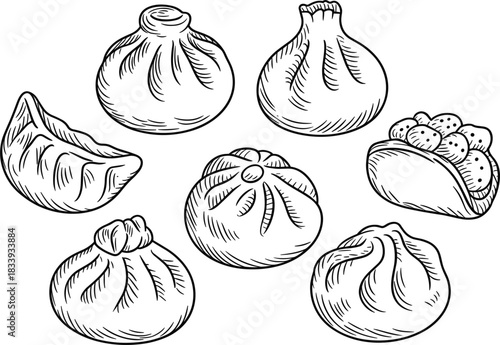 Hand, Drawn, Black, And, White, Dim, Sum, Dumplings, Momo, Sketch, Food, Illustration, Vector, Art.