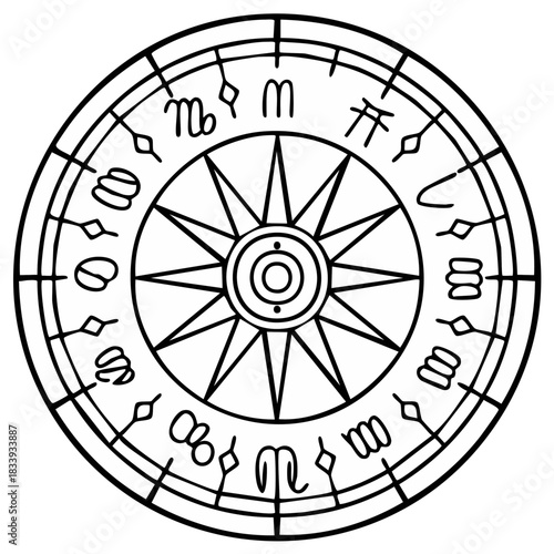 Mystical Astrological Chart with Zodiac Symbols and Starburst Element