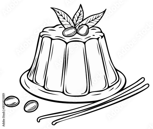 Hand drawn coffee pudding dessert with vanilla pods and leaves line art illustration