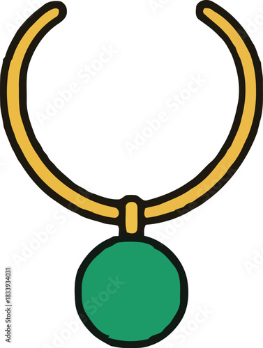 Simple illustration of a gold necklace with a green round pendant isolated on