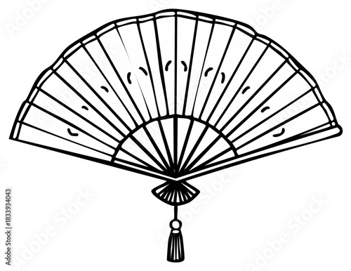 Elegant Black and White Hand Fan with Tassel, Traditional Ornament, Decorative Object for Cooling and Decoration
