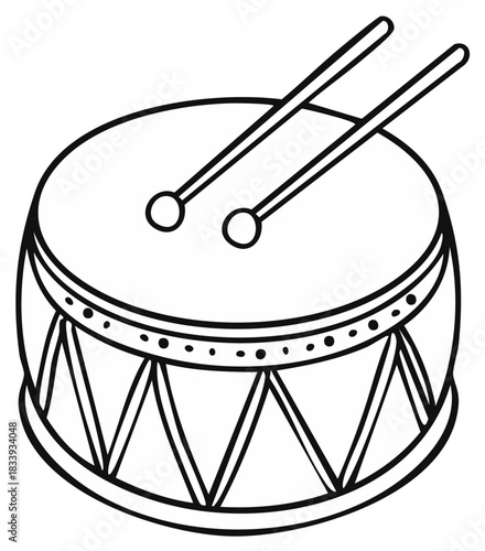 Outline drum with drumsticks, percussion instrument, musical object, line art