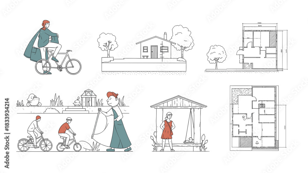 Fototapeta premium A collection of architectural drawings and illustrations depicting people, buildings, and landscapes in a minimalist style, showcasing various scenes and floor plans.