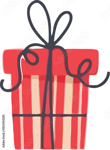 Hand drawn red and white striped gift box with black ribbon isolated on