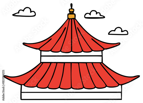 Illustration of a pagoda style building with red roofs and clouds in the sky, architecture