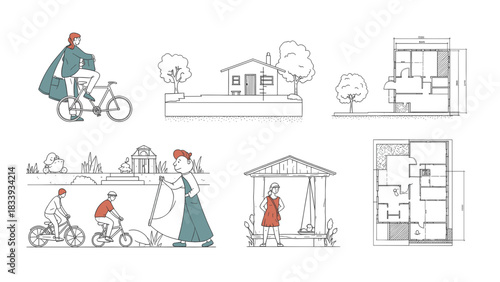 A collection of architectural drawings and illustrations depicting people, buildings, and landscapes in a minimalist style, showcasing various scenes and floor plans.