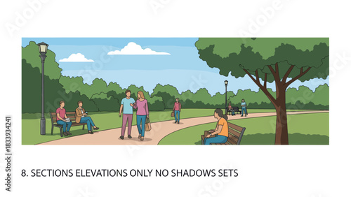 Illustration of people in a park setting with trees and benches.