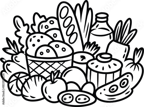 Black and White Food Group Outline Vector Set: Hand-Drawn Line Art Collection of Bread, Milk, Fruits, and Vegetables, Ideal for Coloring Pages, Menus, and Simple Nutrition Graphics.