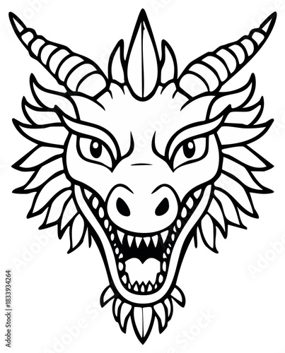 Illustration of a Ferocious Dragon Head with Horns and Sharp Teeth, Vector Drawing, Fantasy Creature