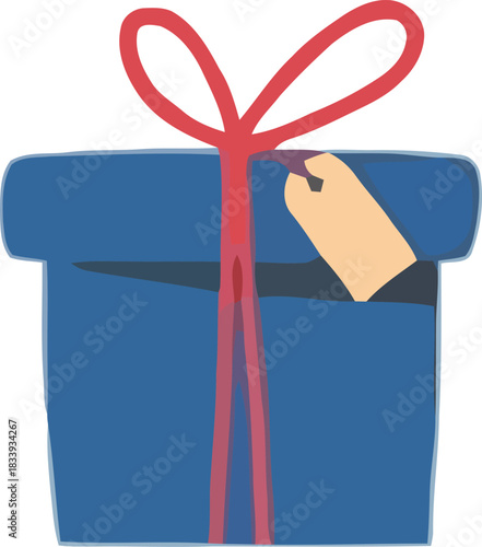 Blue gift box with red ribbon and blank tag isolated on