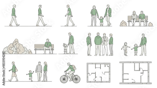 Architectural drawing depicting people in various poses and building floor plans.