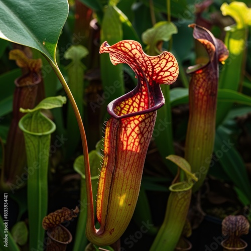 Vibrant carnivorous funnel plant with intricate patterns, capturing sunlight in its unique, deep, tubular leaves amidst lush foliage ,strange plant ,striking colors ,jungle