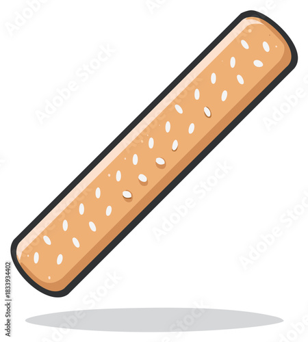 A single flat bread stick with white sesame seeds and a dark outline