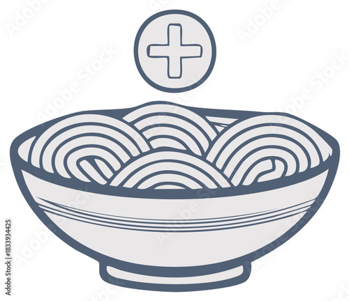 Bowl of noodles with a plus sign icon above food illustration
