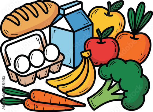 Colorful Cartoon Food Group Vector Illustration: Hand-Drawn Set of Bread, Dairy, Eggs, Fruits (Apples, Bananas), and Vegetables (Carrots, Broccoli) for Menu and Nutrition Graphics.