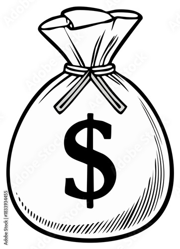 Stylized Black and White Money Bag with Dollar Symbol
