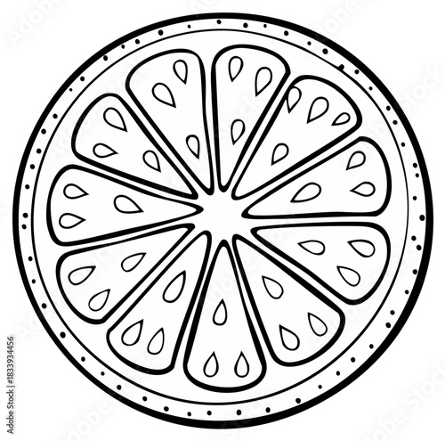 Stylized Black and White Outline of a Citrus Fruit Slice with Seeds