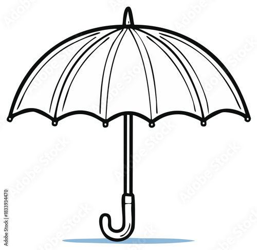 Hand drawn cartoon illustration of an open umbrella in black and white