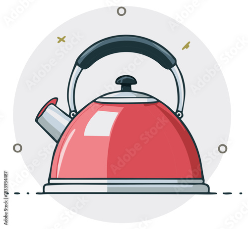 Stylized illustration of a red tea kettle on a decorative circular background for kitchen, breakfast, design