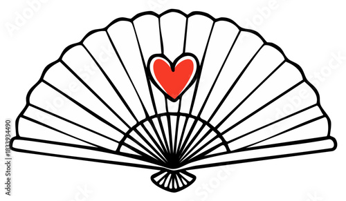 Elegant traditional hand fan illustration with a vibrant red heart symbol of love and passion