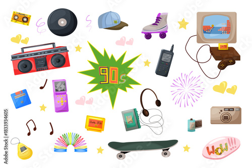 90s vector elements set. 90s aesthetic gadgets and devices for leisure activity. Audio player, cassette, floppy disk, boombox, roller skate, recorder, camera roll, computer game, rainbow, console.
