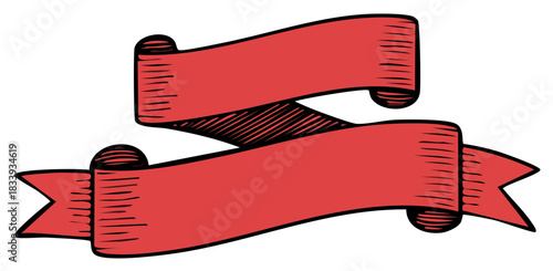 Red Ribbon Banner With Hand Drawn Sketch Effect For Labels and Titles